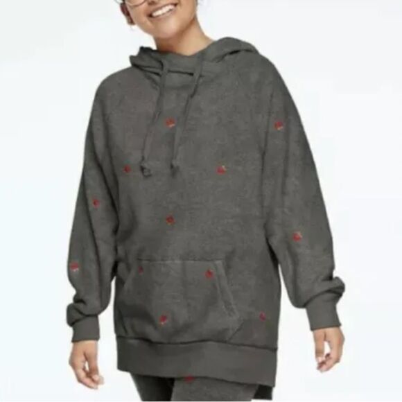 Victorias Secret PINK Roses Embroidered Fleece Hooded Oversized Pullover Gray XS - Picture 1 of 5